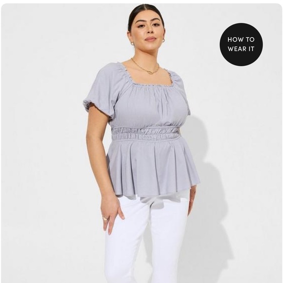 Linen Puff Sleeve Shirred Bodice Blouse - Picture 1 of 3